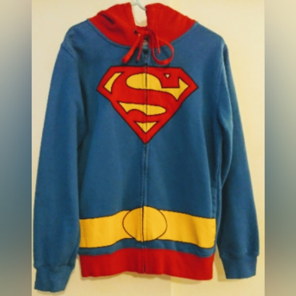 DC Comics Superman Blue Red Yellow Hoodie Sz Large Zipper Front Halloween Unisex